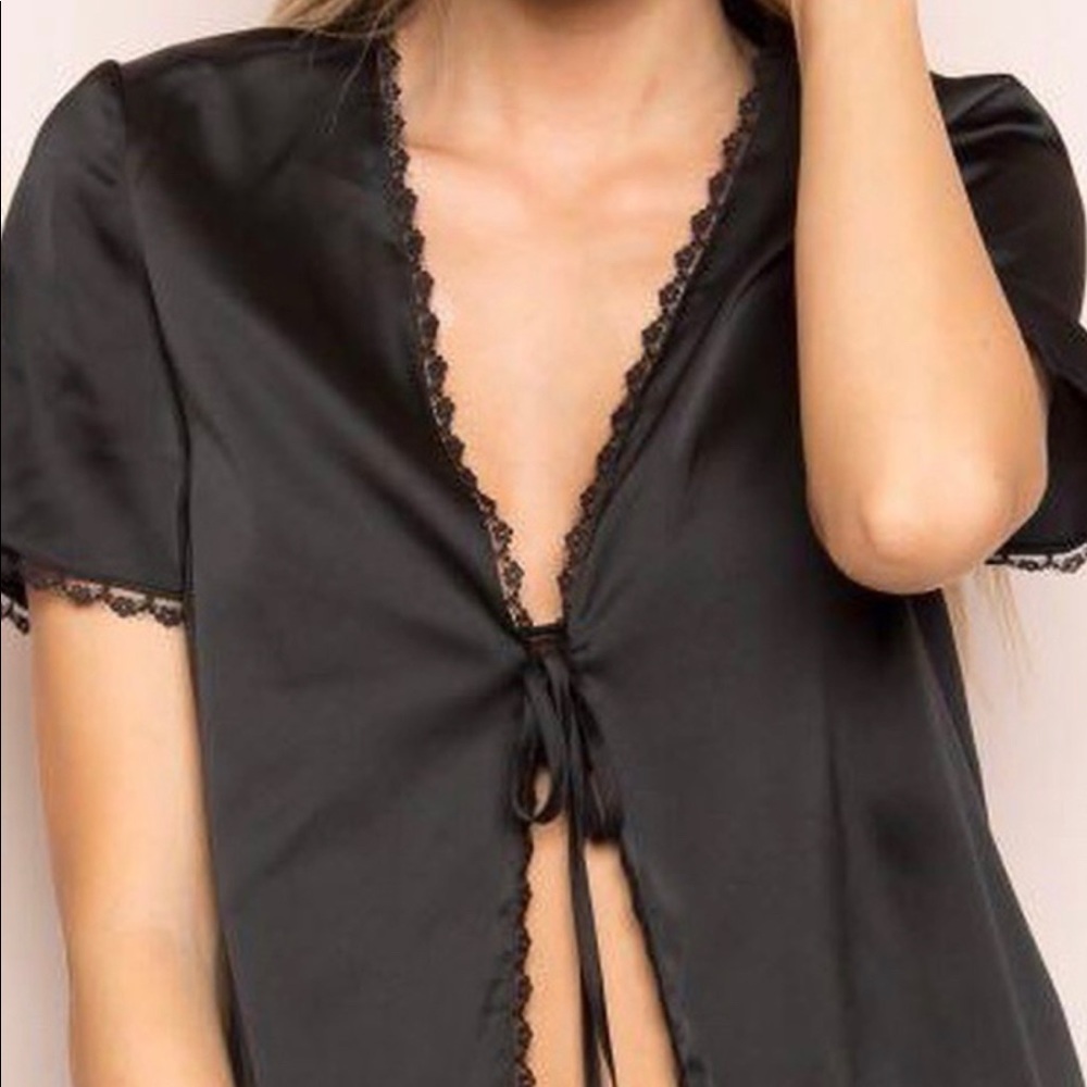 Brandy Melville Satin Tie Front Top Lace Trim Blue